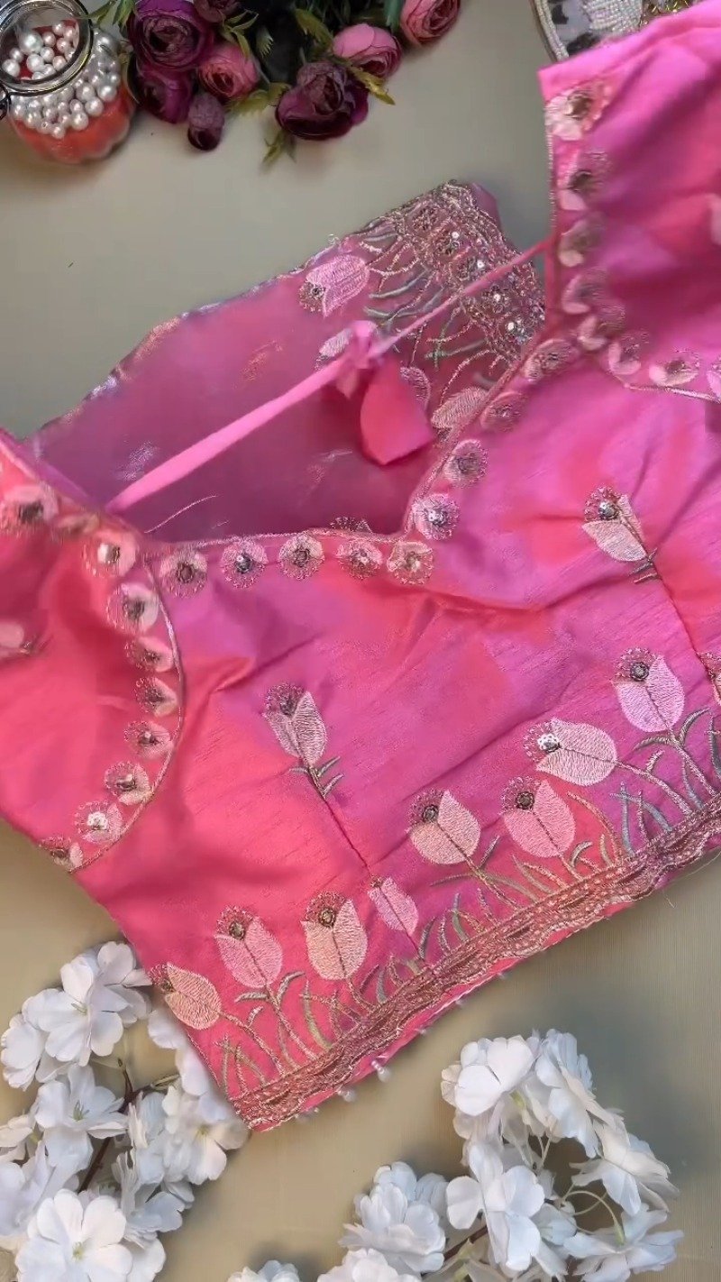 Floral Tulip Embroidered Designer Saree with Embellished Blouse – Available in Radiant Pink & Serene Sky Blue - Image 3