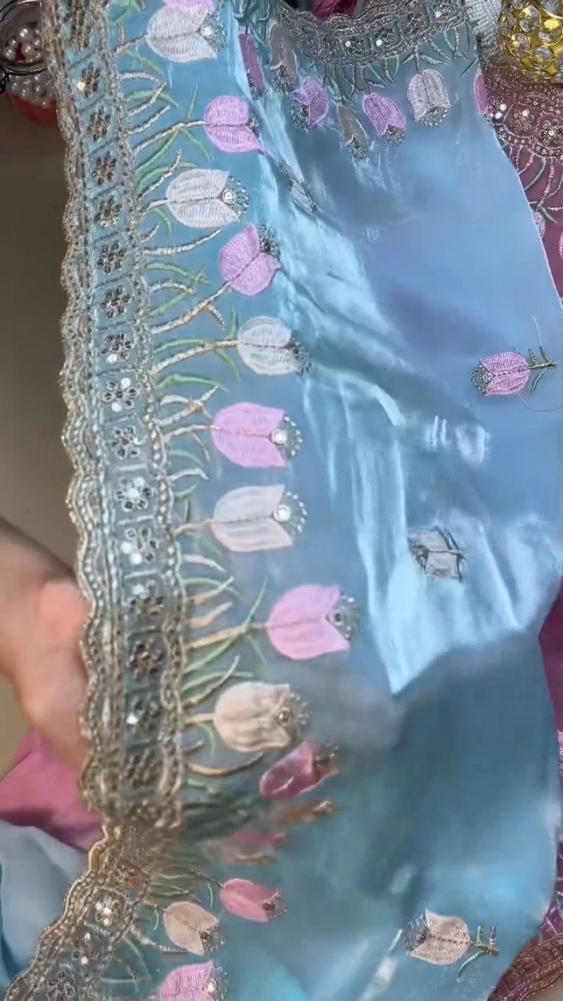 Floral Tulip Embroidered Designer Saree with Embellished Blouse – Available in Radiant Pink & Serene Sky Blue - Image 4