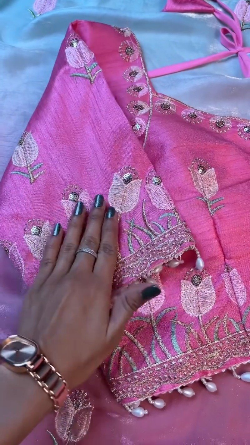Floral Tulip Embroidered Designer Saree with Embellished Blouse – Available in Radiant Pink & Serene Sky Blue - Image 5