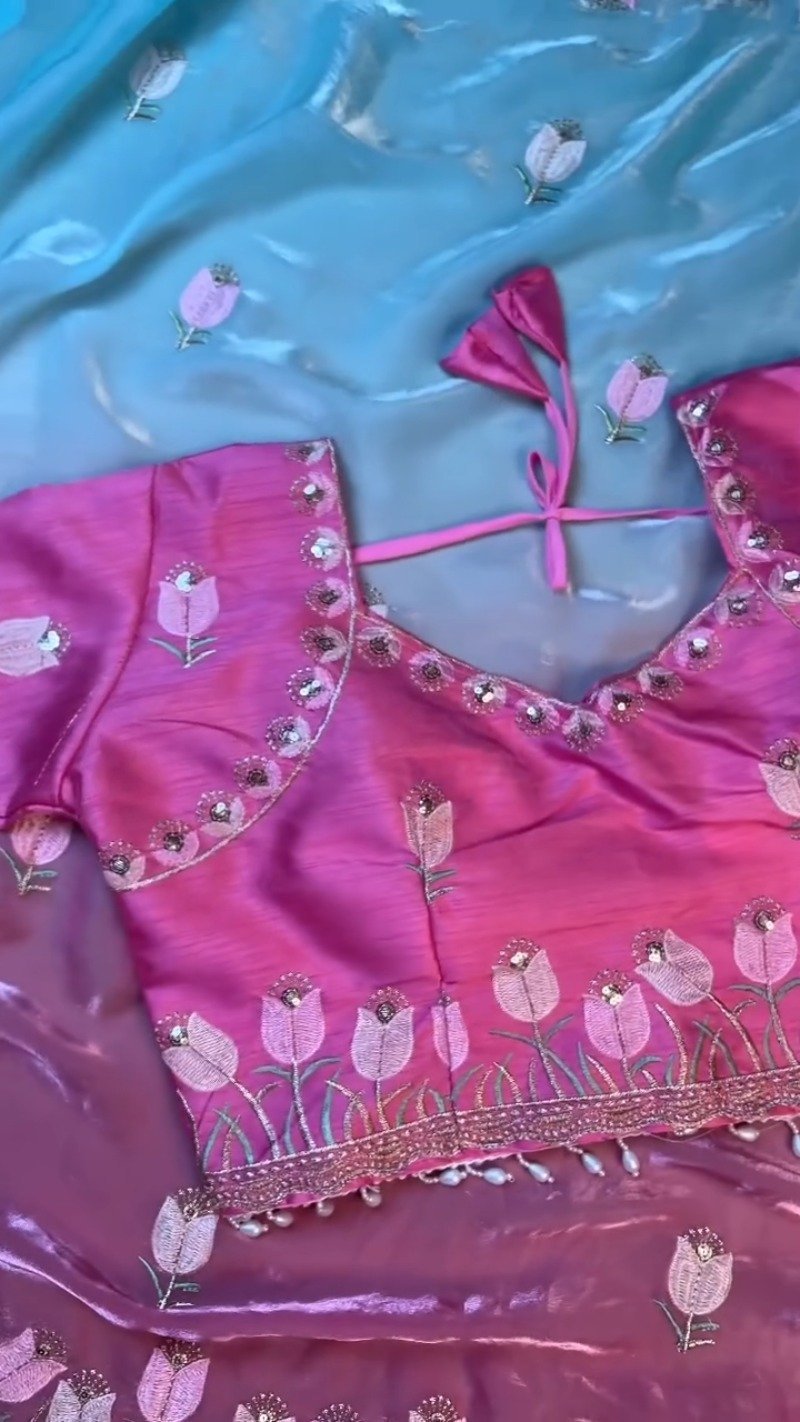 Floral Tulip Embroidered Designer Saree with Embellished Blouse – Available in Radiant Pink & Serene Sky Blue - Image 6