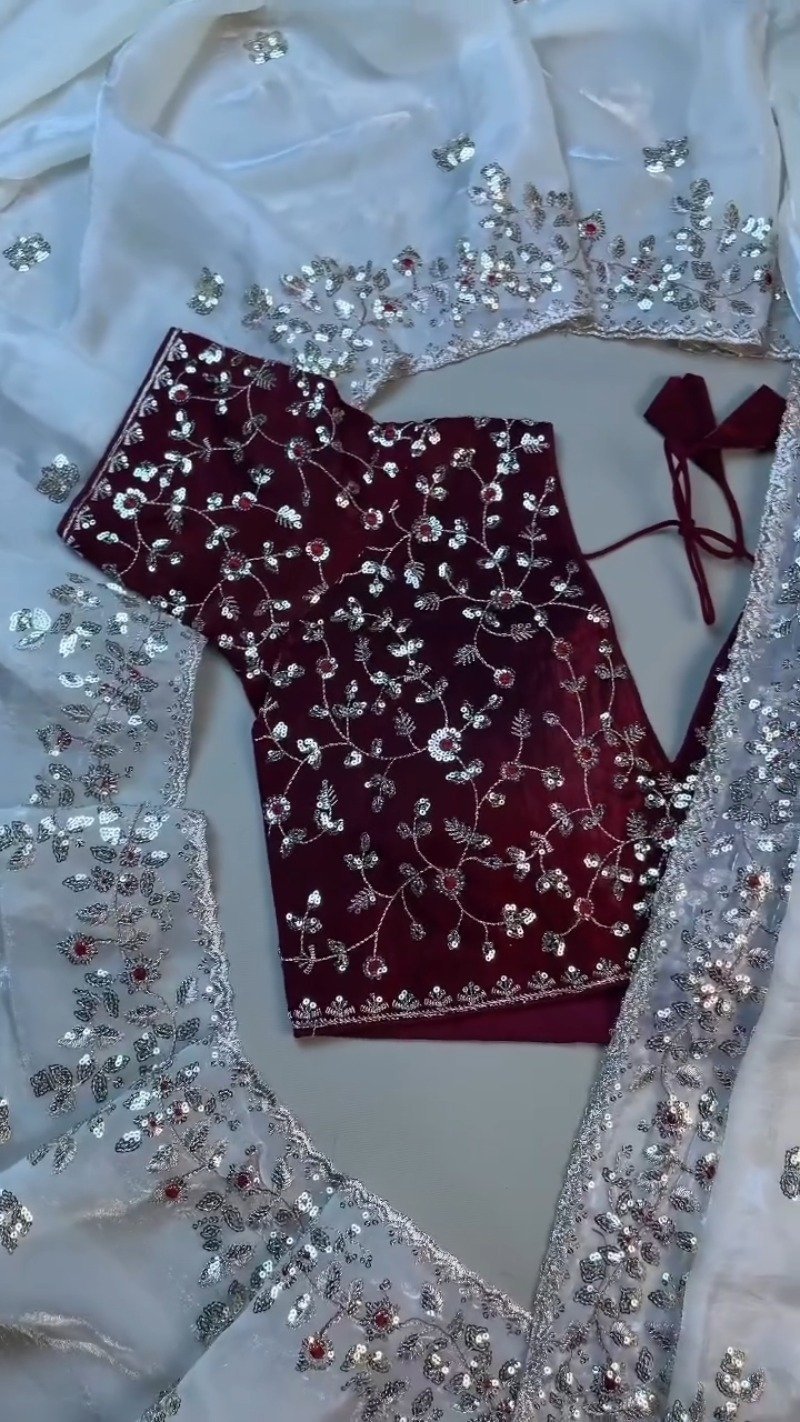 Opulent Velvet & Organza Co-Ord Set with Sequin Embellishments – Available in Ivory & Deep Maroon