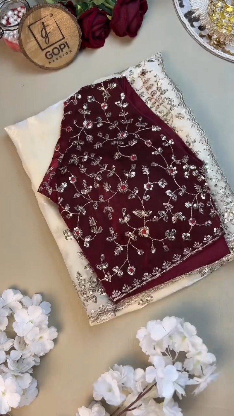 Opulent Velvet & Organza Co-Ord Set with Sequin Embellishments – Available in Ivory & Deep Maroon - Image 2