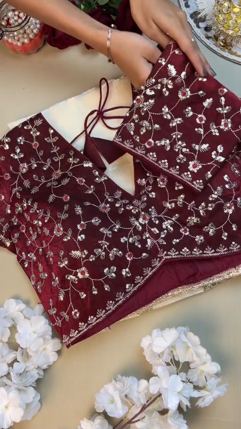 Opulent Velvet & Organza Co-Ord Set with Sequin Embellishments – Available in Ivory & Deep Maroon - Image 3