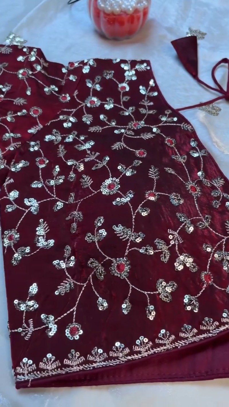 Opulent Velvet & Organza Co-Ord Set with Sequin Embellishments – Available in Ivory & Deep Maroon - Image 7