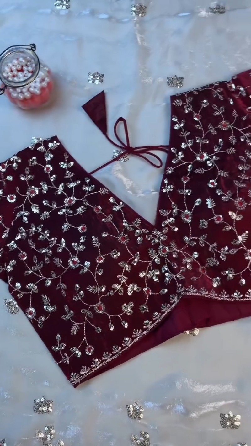 Opulent Velvet & Organza Co-Ord Set with Sequin Embellishments – Available in Ivory & Deep Maroon - Image 9