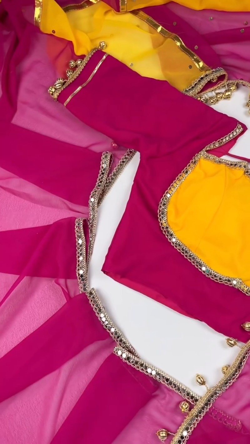 Dual-Tone Mirrorwork Designer Saree & Blouse Set – Available in Red & Yellow & Fuchsia & Yellow