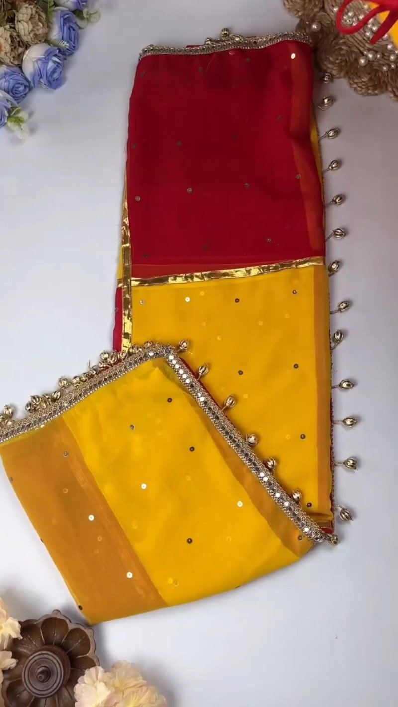 Dual-Tone Mirrorwork Designer Saree & Blouse Set – Available in Red & Yellow & Fuchsia & Yellow - Image 2