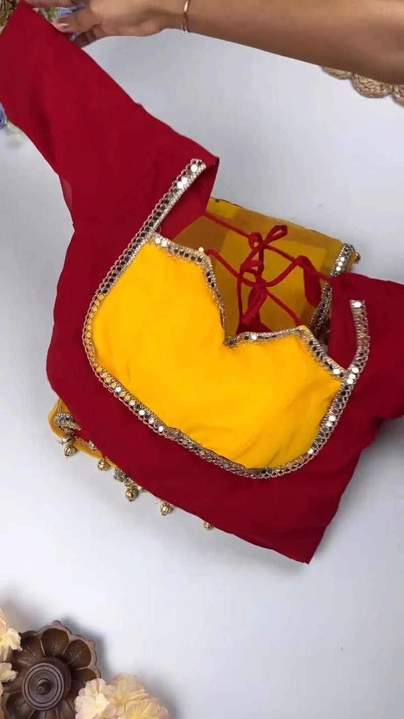 Dual-Tone Mirrorwork Designer Saree & Blouse Set – Available in Red & Yellow & Fuchsia & Yellow - Image 3