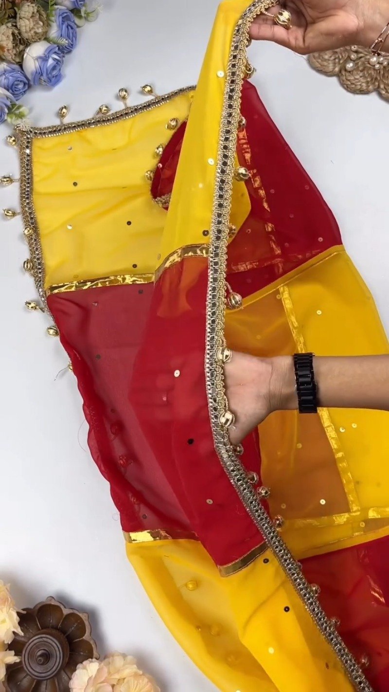 Dual-Tone Mirrorwork Designer Saree & Blouse Set – Available in Red & Yellow & Fuchsia & Yellow - Image 4