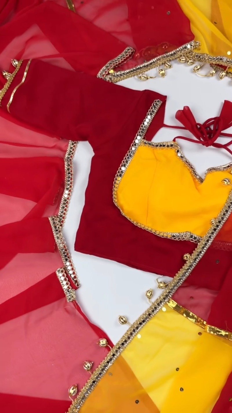 Dual-Tone Mirrorwork Designer Saree & Blouse Set – Available in Red & Yellow & Fuchsia & Yellow - Image 6