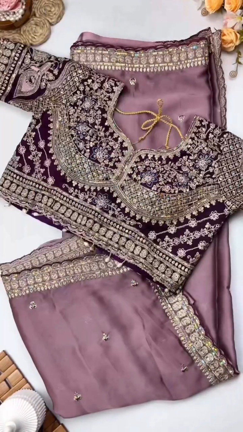 Opulent Velvet & Organza Embroidered Saree Set – Available in Majestic Plum & Royal Burgundy - Image 2