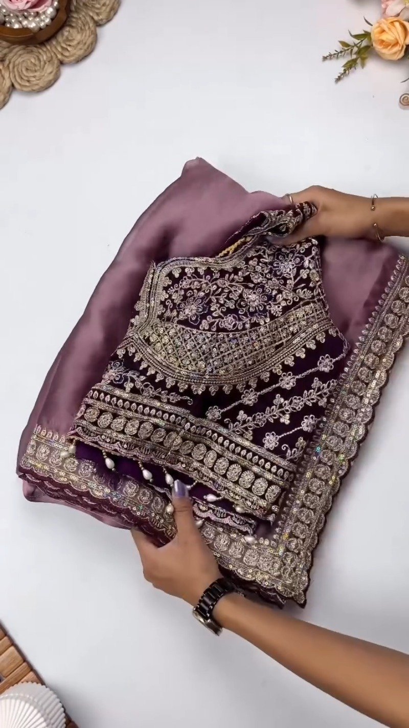 Opulent Velvet & Organza Embroidered Saree Set – Available in Majestic Plum & Royal Burgundy - Image 3