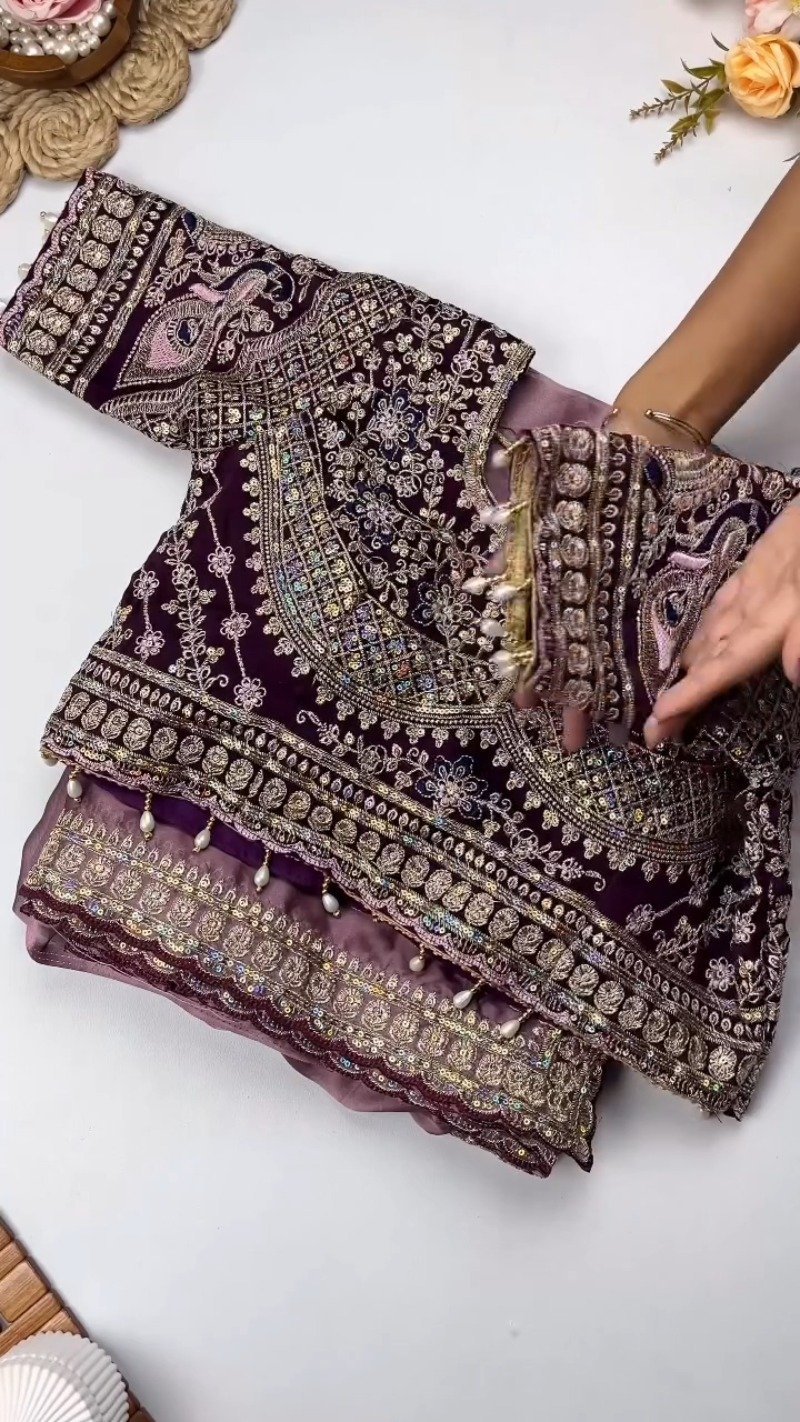 Opulent Velvet & Organza Embroidered Saree Set – Available in Majestic Plum & Royal Burgundy - Image 4