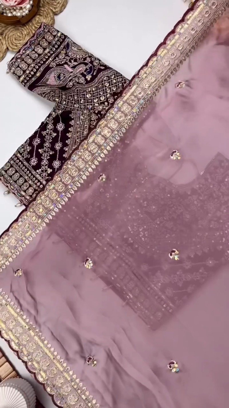 Opulent Velvet & Organza Embroidered Saree Set – Available in Majestic Plum & Royal Burgundy - Image 6