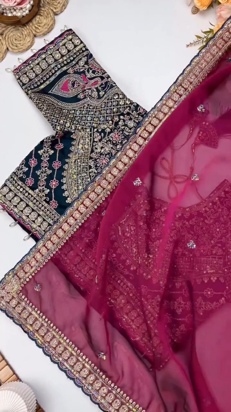 Opulent Velvet & Organza Embroidered Saree Set – Available in Majestic Plum & Royal Burgundy - Image 7
