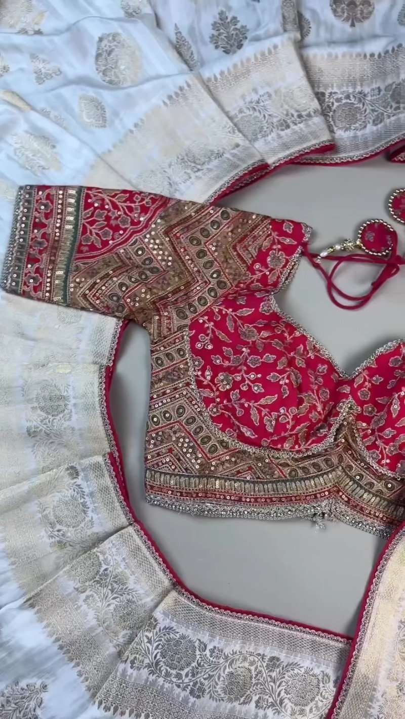 Opulent Ivory & Crimson Handloom Silk Saree Set with Embellished Blouse – Available in Ivory & Crimson