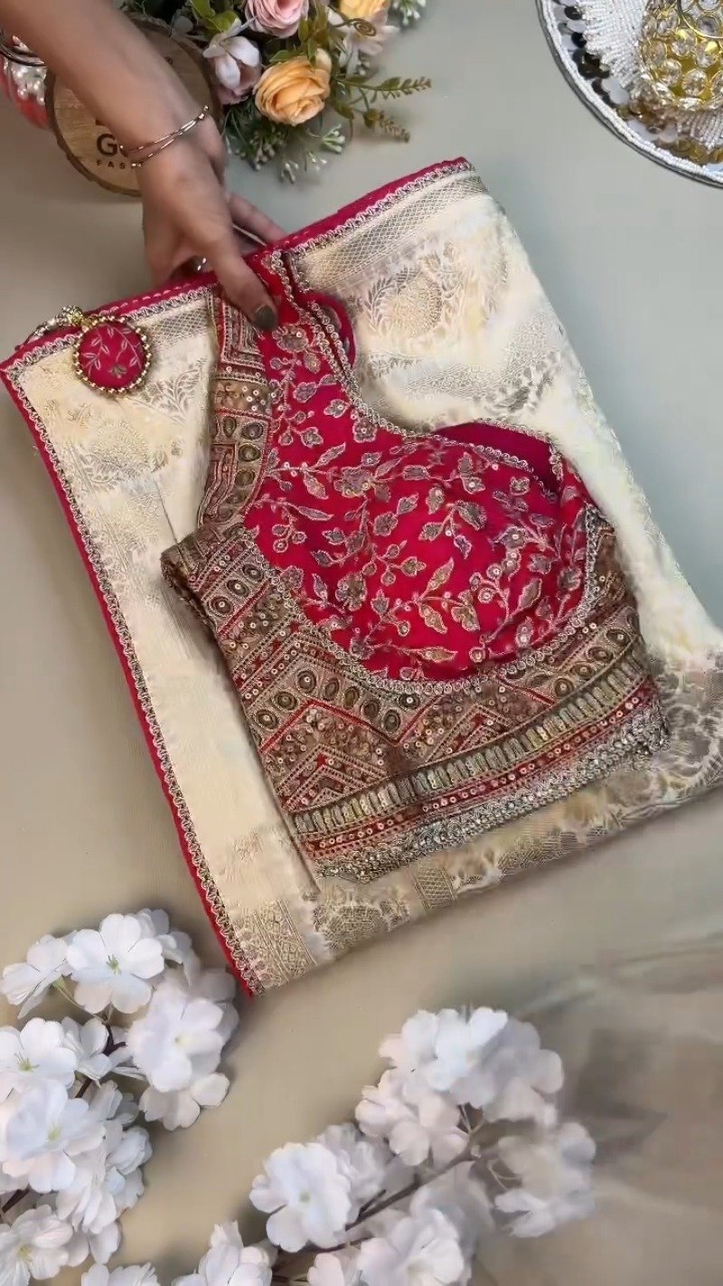 Opulent Ivory & Crimson Handloom Silk Saree Set with Embellished Blouse – Available in Ivory & Crimson - Image 2