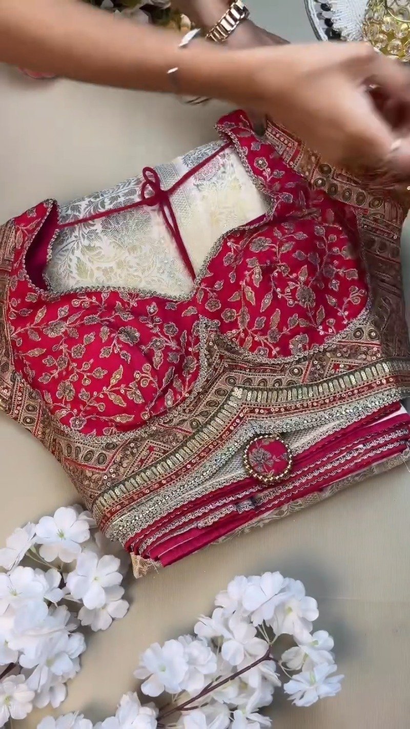 Opulent Ivory & Crimson Handloom Silk Saree Set with Embellished Blouse – Available in Ivory & Crimson - Image 3