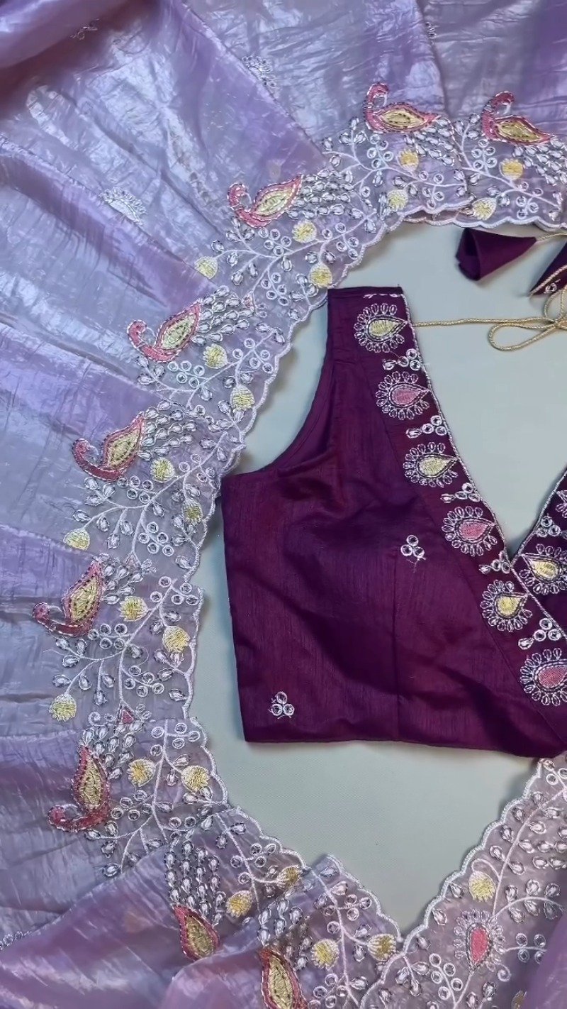 Lilac Organza Saree with Deep Plum Embroidered Blouse – Available in Lavender & Plum