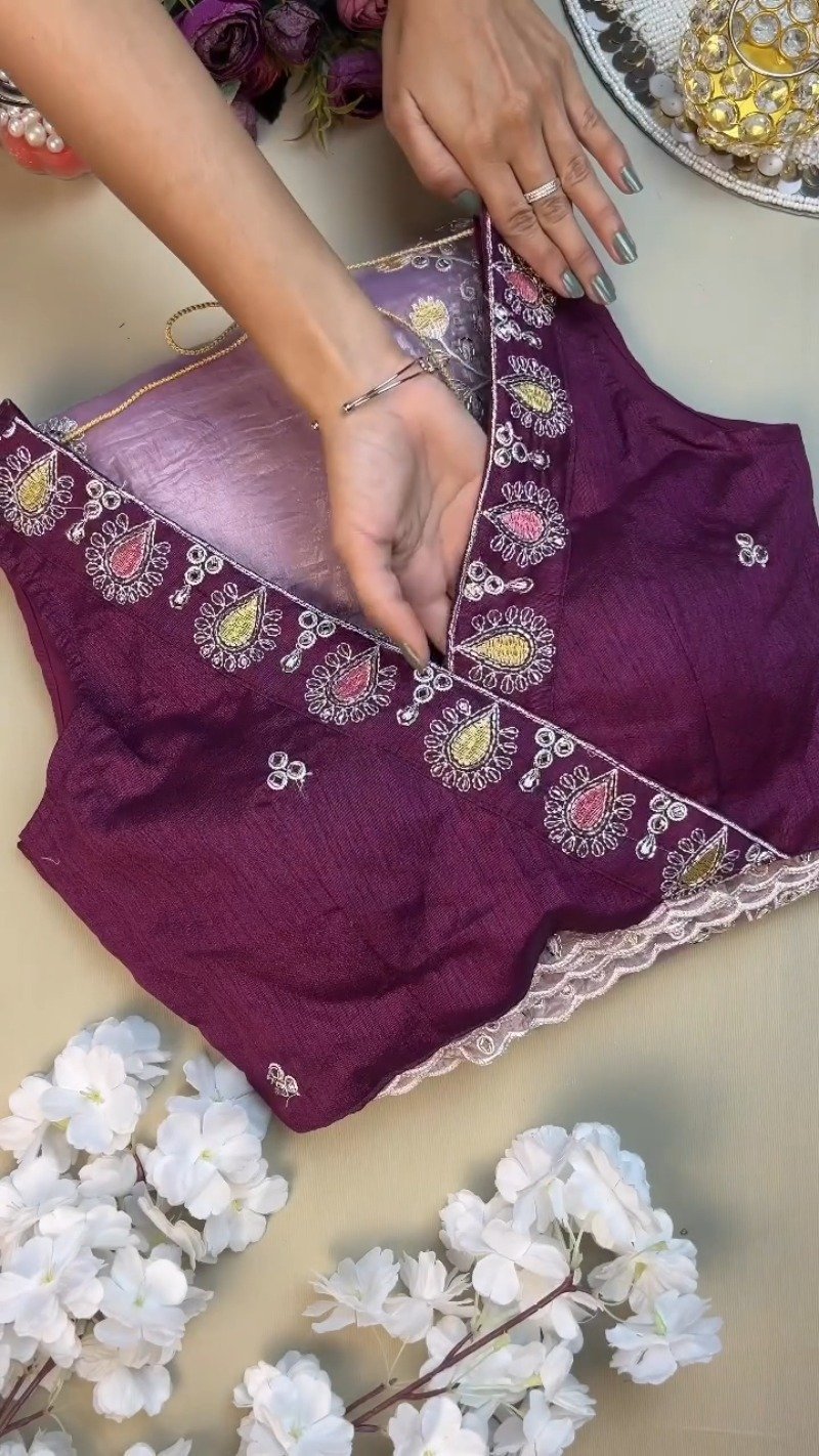 Lilac Organza Saree with Deep Plum Embroidered Blouse – Available in Lavender & Plum - Image 3