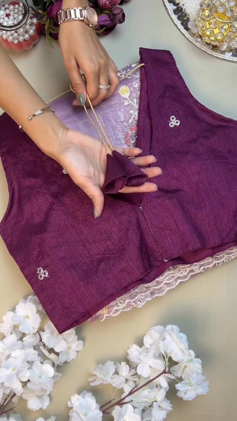 Lilac Organza Saree with Deep Plum Embroidered Blouse – Available in Lavender & Plum - Image 4