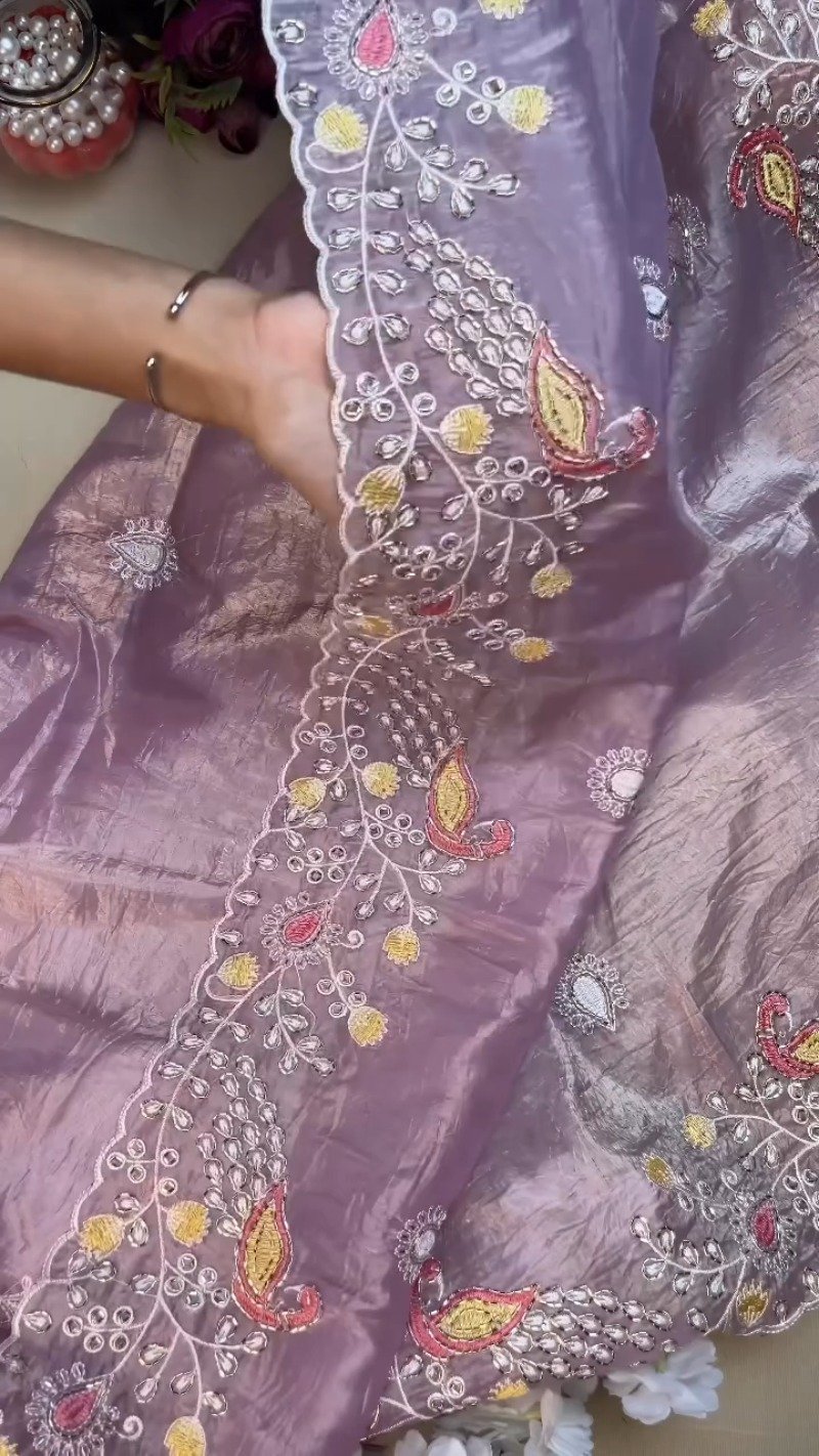 Lilac Organza Saree with Deep Plum Embroidered Blouse – Available in Lavender & Plum - Image 5