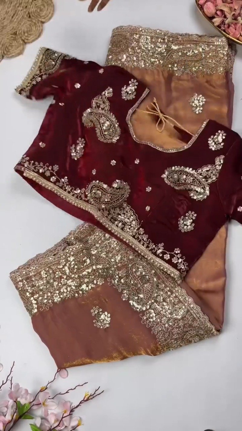 Opulent Paisley Embellished Saree Ensemble – Available in Crimson & Deep Plum - Image 2