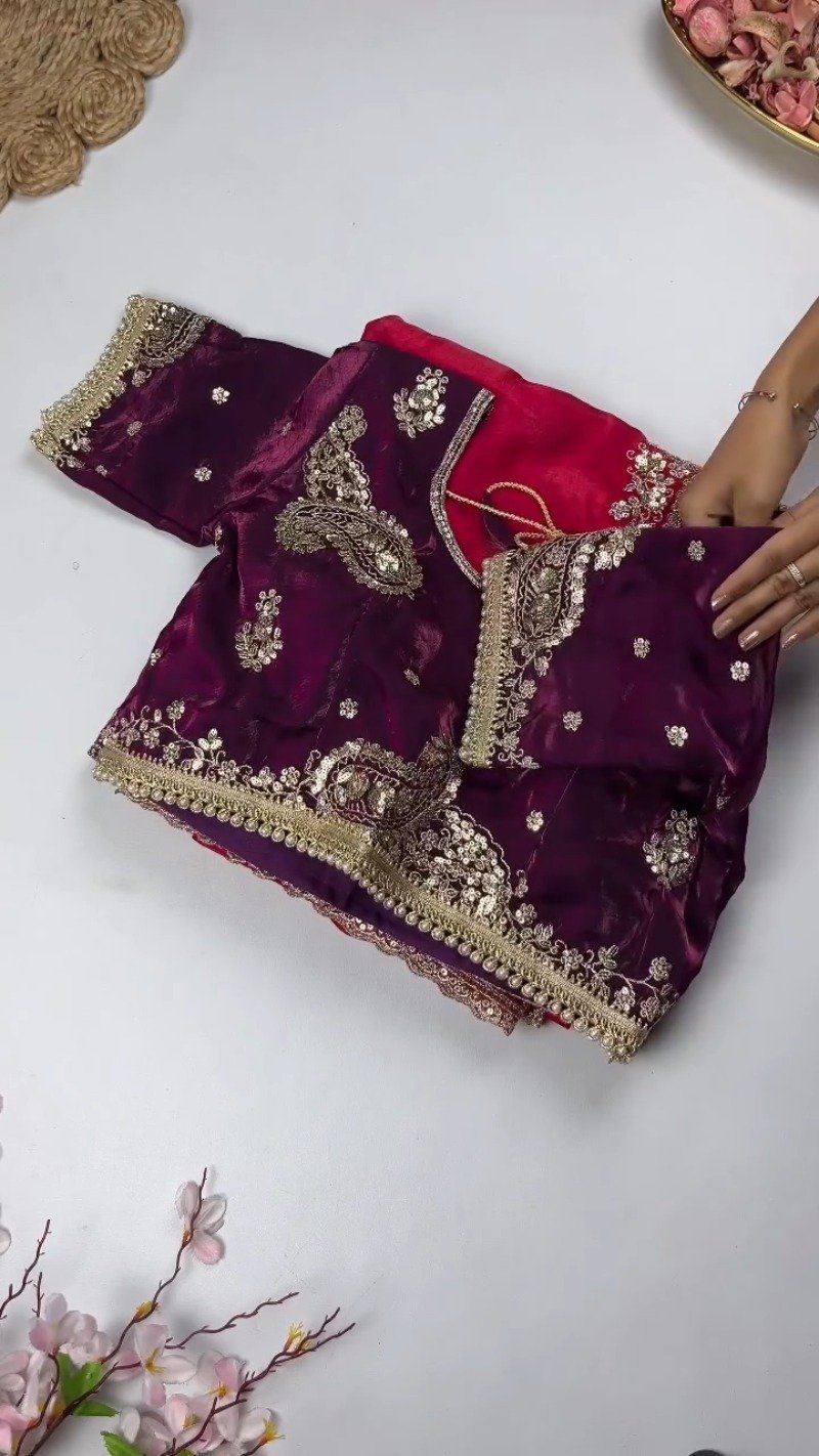 Opulent Paisley Embellished Saree Ensemble – Available in Crimson & Deep Plum - Image 3