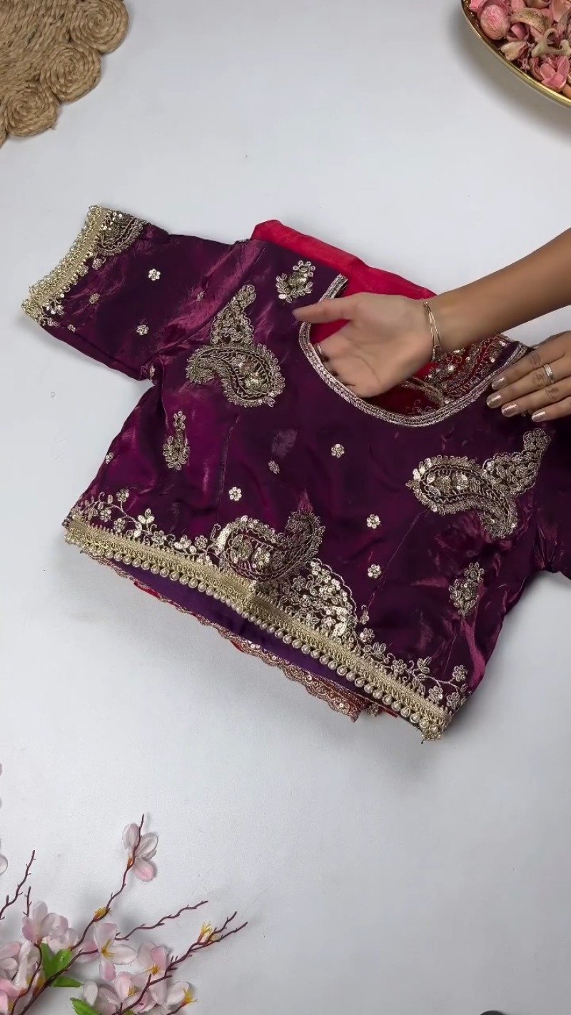 Opulent Paisley Embellished Saree Ensemble – Available in Crimson & Deep Plum - Image 4