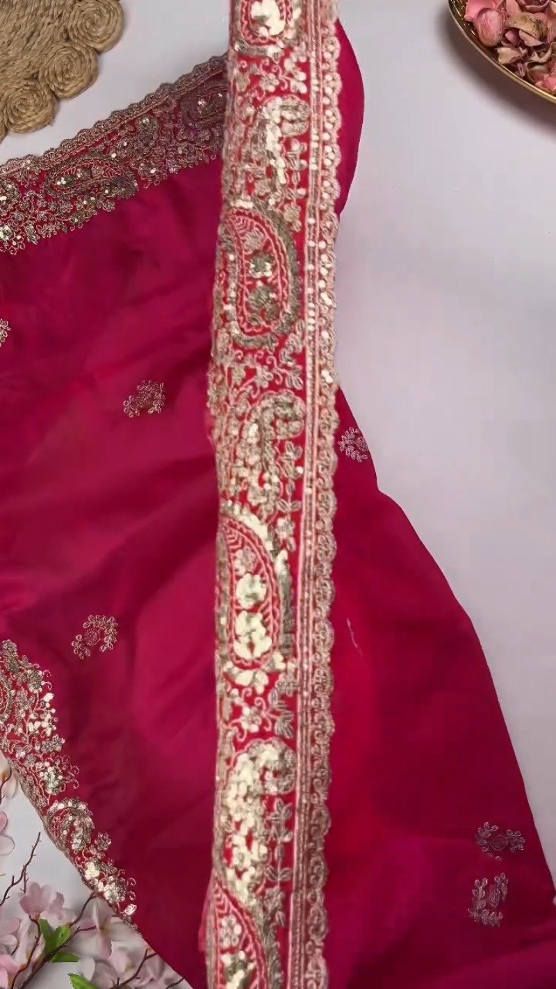 Opulent Paisley Embellished Saree Ensemble – Available in Crimson & Deep Plum - Image 6
