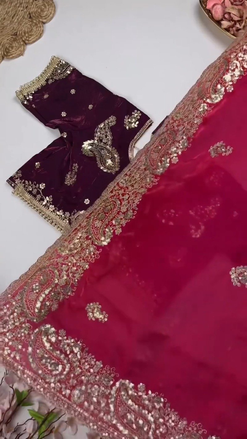 Opulent Paisley Embellished Saree Ensemble – Available in Crimson & Deep Plum - Image 7