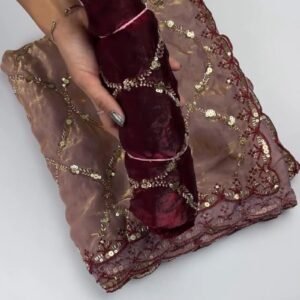 Embroidered Velvet & Organza Co-ord Set with Sequin Detailing – Available in Maroon & Dusty Pink