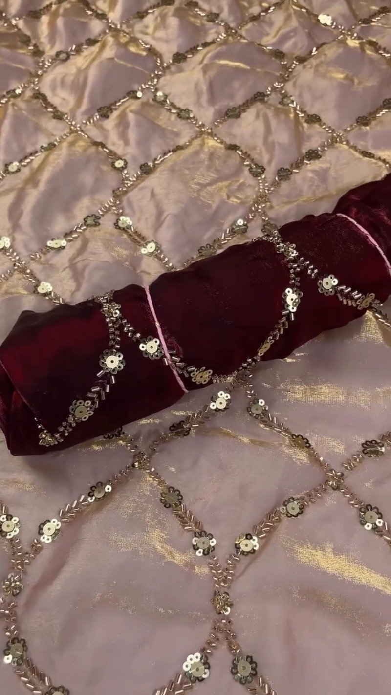 Embroidered Velvet & Organza Co-ord Set with Sequin Detailing – Available in Maroon & Dusty Pink - Image 6
