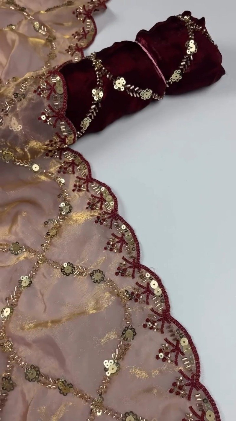 Embroidered Velvet & Organza Co-ord Set with Sequin Detailing – Available in Maroon & Dusty Pink - Image 7