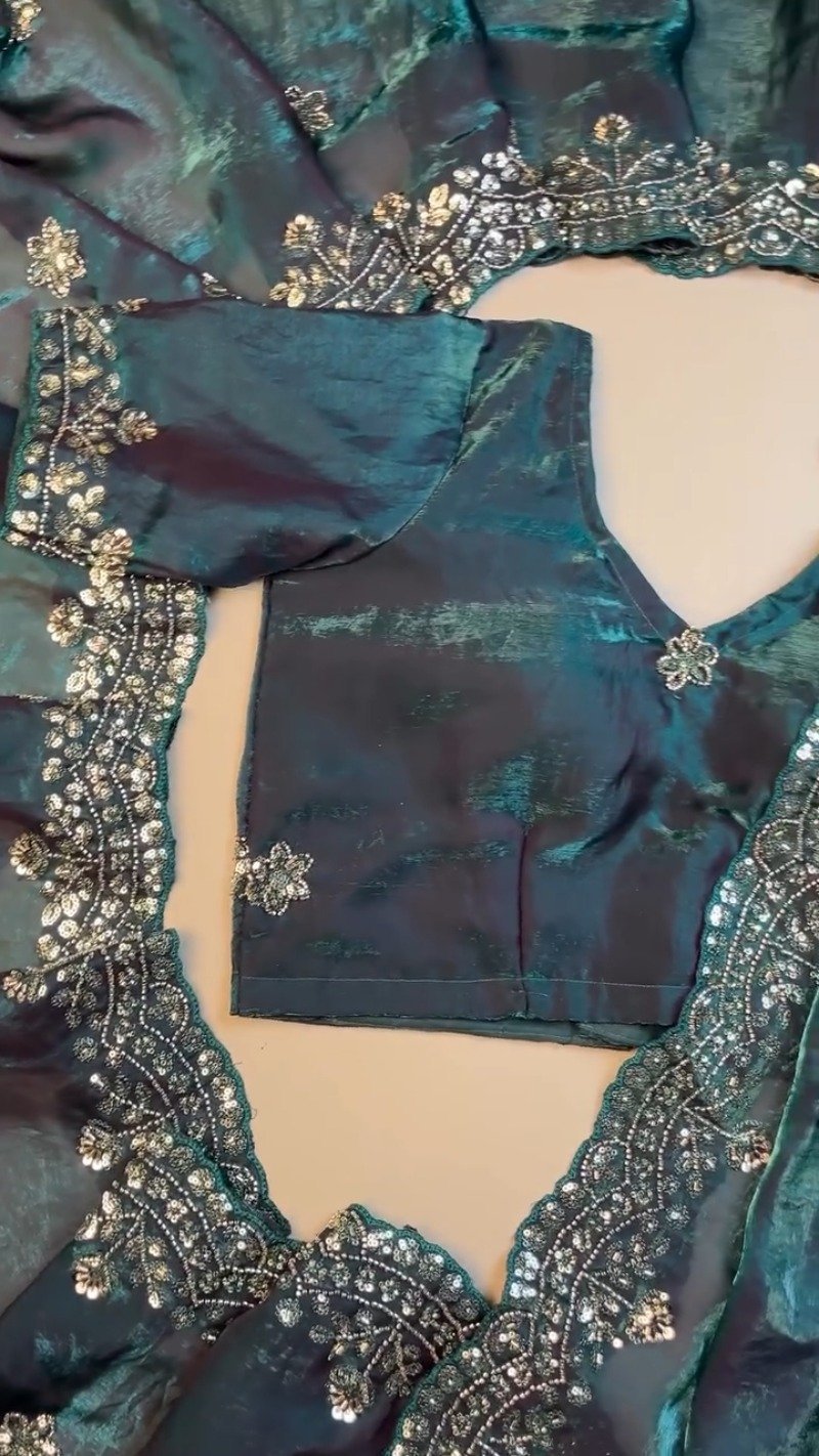 Enchanting Deep Teal Sequined Organza Saree & Blouse Ensemble