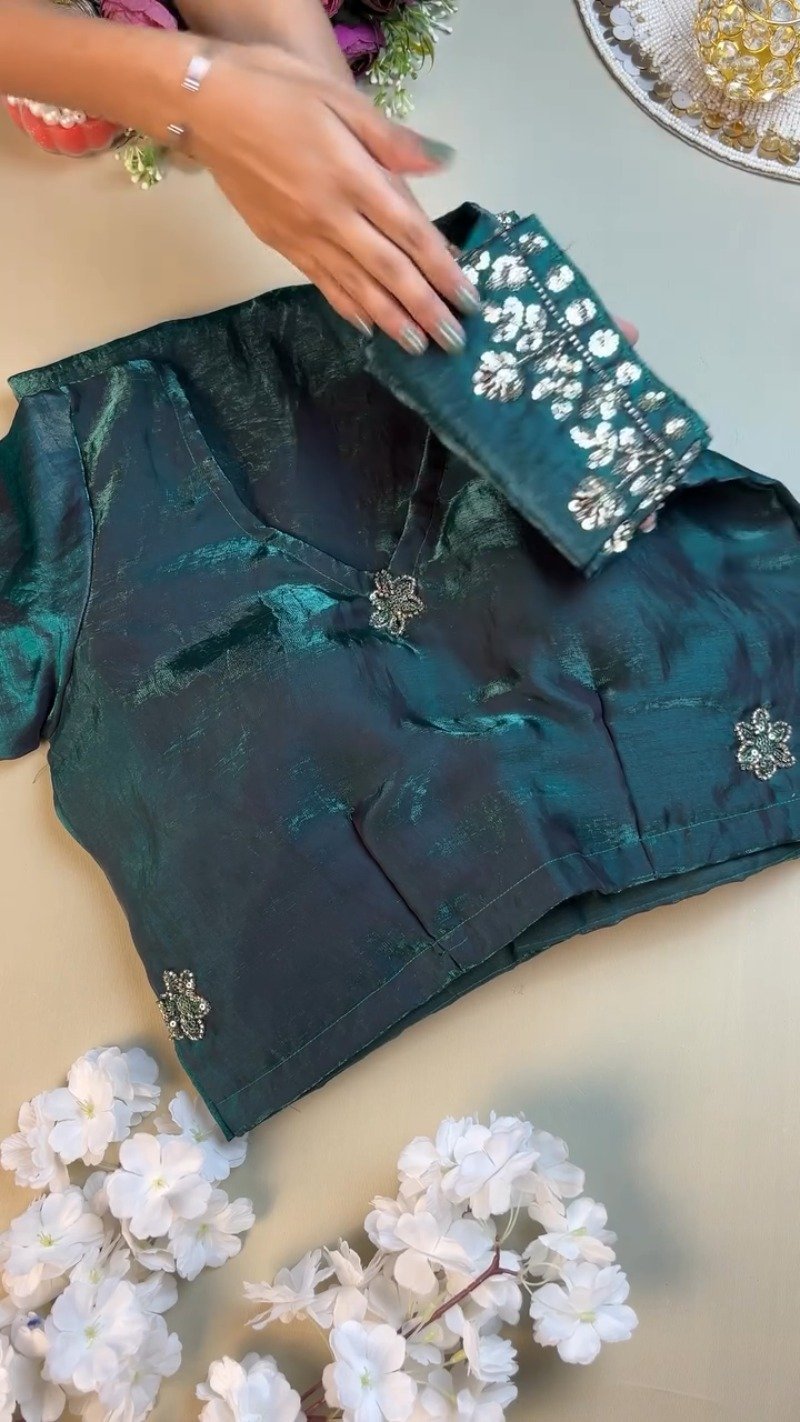 Enchanting Deep Teal Sequined Organza Saree & Blouse Ensemble - Image 2