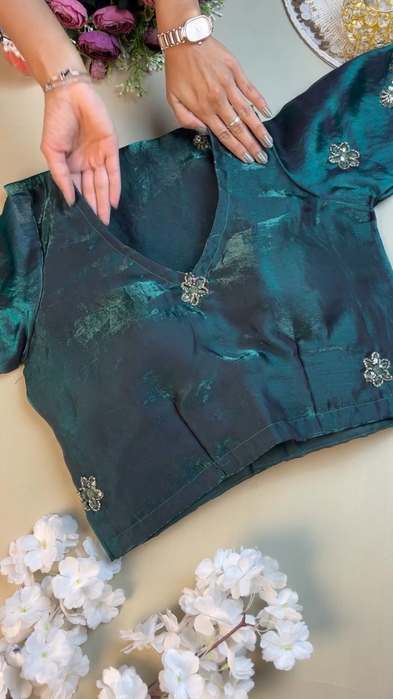 Enchanting Deep Teal Sequined Organza Saree & Blouse Ensemble - Image 3