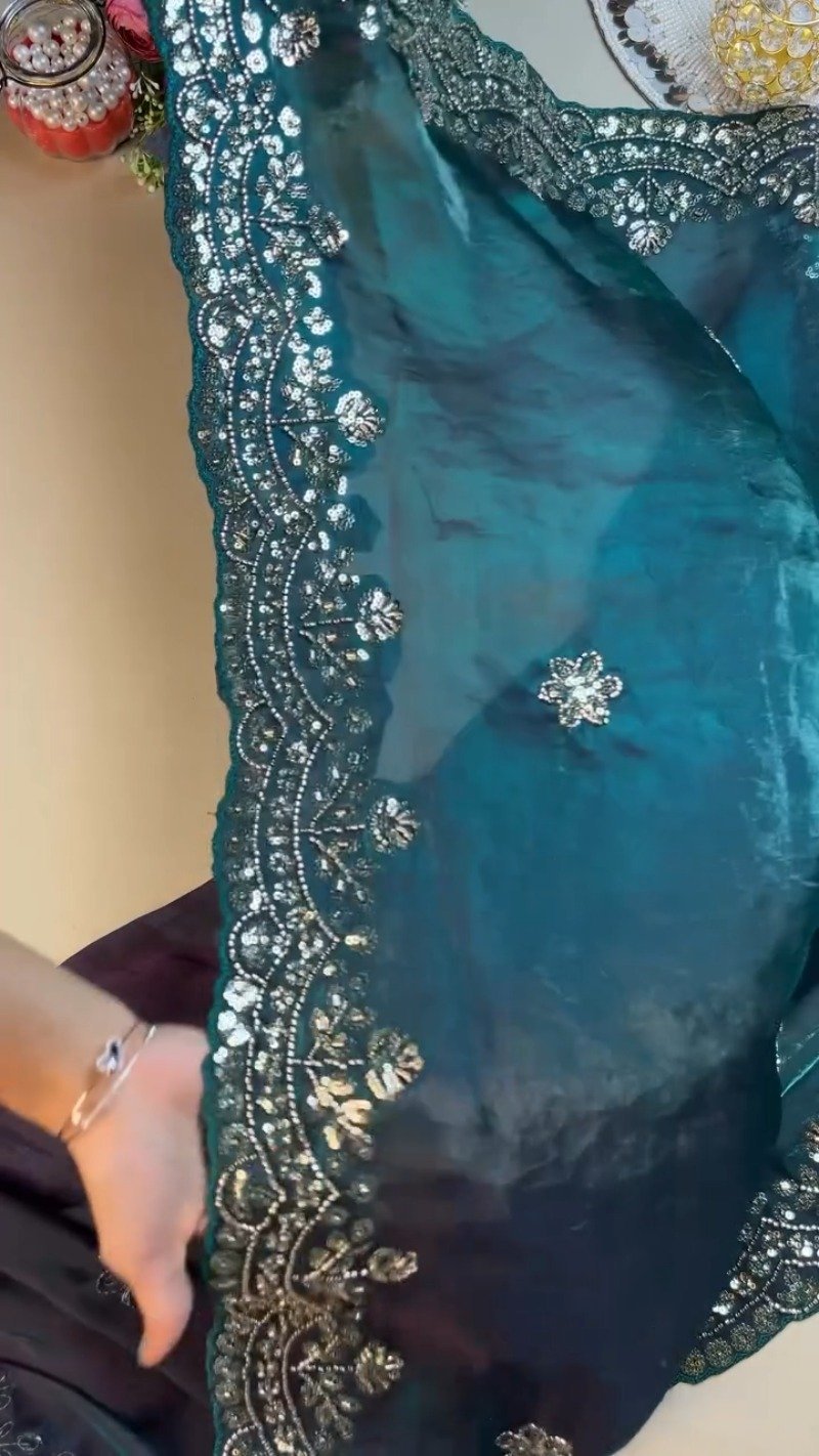 Enchanting Deep Teal Sequined Organza Saree & Blouse Ensemble - Image 4
