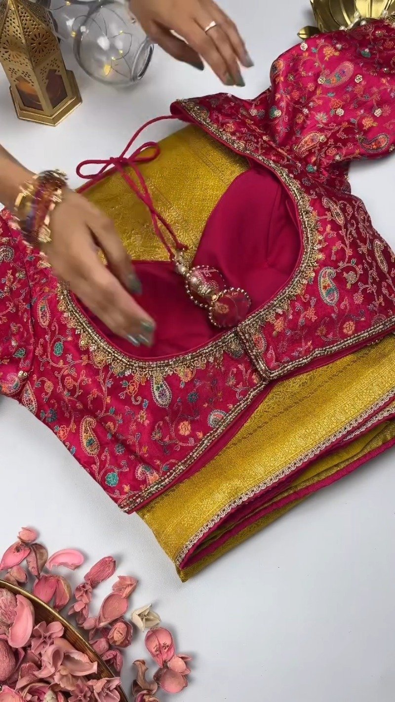 Opulent Hand-Embellished Silk Saree with Contrast Designer Blouse – Available in Mustard & Pink