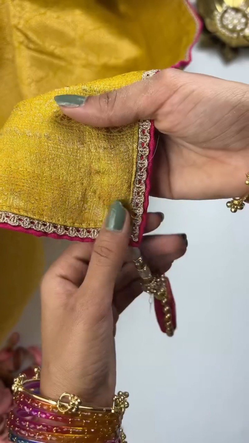 Opulent Hand-Embellished Silk Saree with Contrast Designer Blouse – Available in Mustard & Pink - Image 2