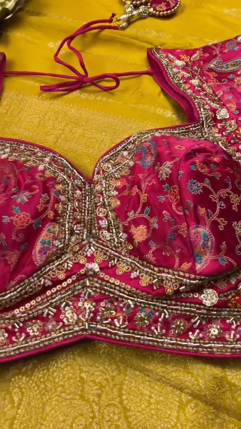 Opulent Hand-Embellished Silk Saree with Contrast Designer Blouse – Available in Mustard & Pink - Image 4
