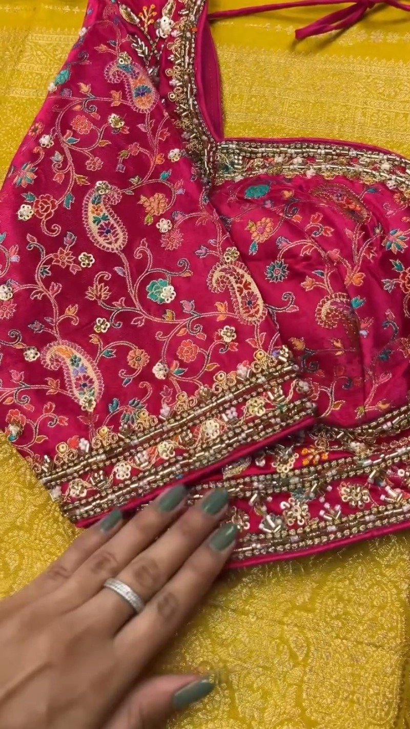 Opulent Hand-Embellished Silk Saree with Contrast Designer Blouse – Available in Mustard & Pink - Image 5