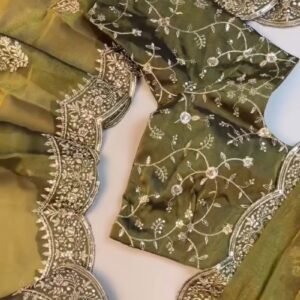 Olive Green Embroidered Organza Saree Set with Embellished Blouse