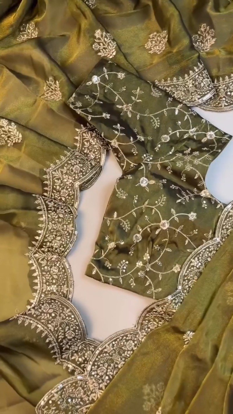 Olive Green Embroidered Organza Saree Set with Embellished Blouse