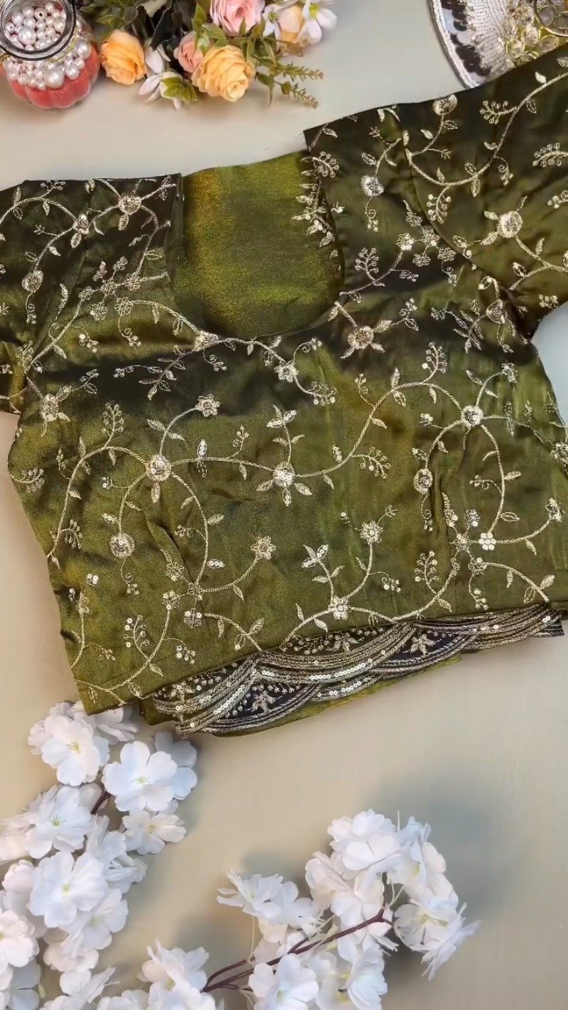Olive Green Embroidered Organza Saree Set with Embellished Blouse - Image 2