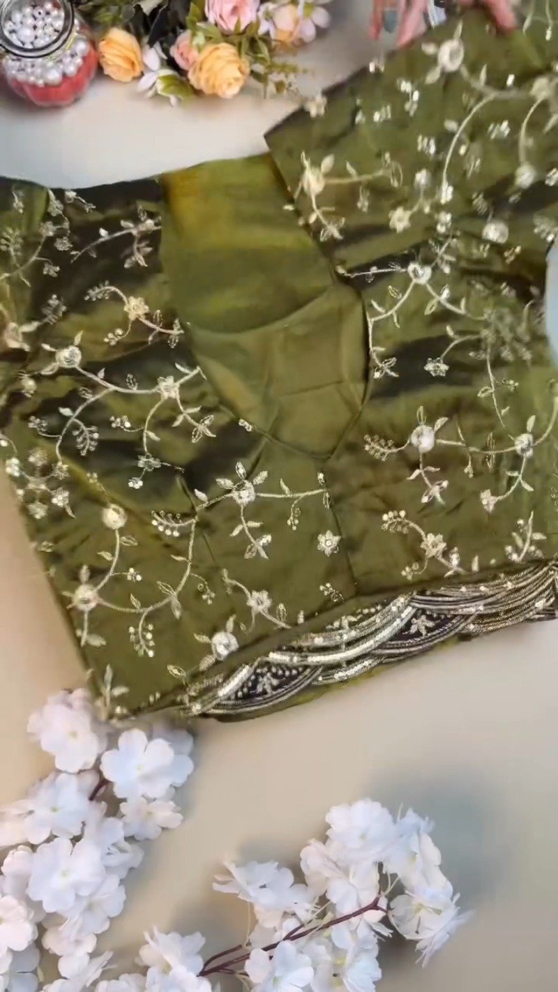 Olive Green Embroidered Organza Saree Set with Embellished Blouse - Image 3