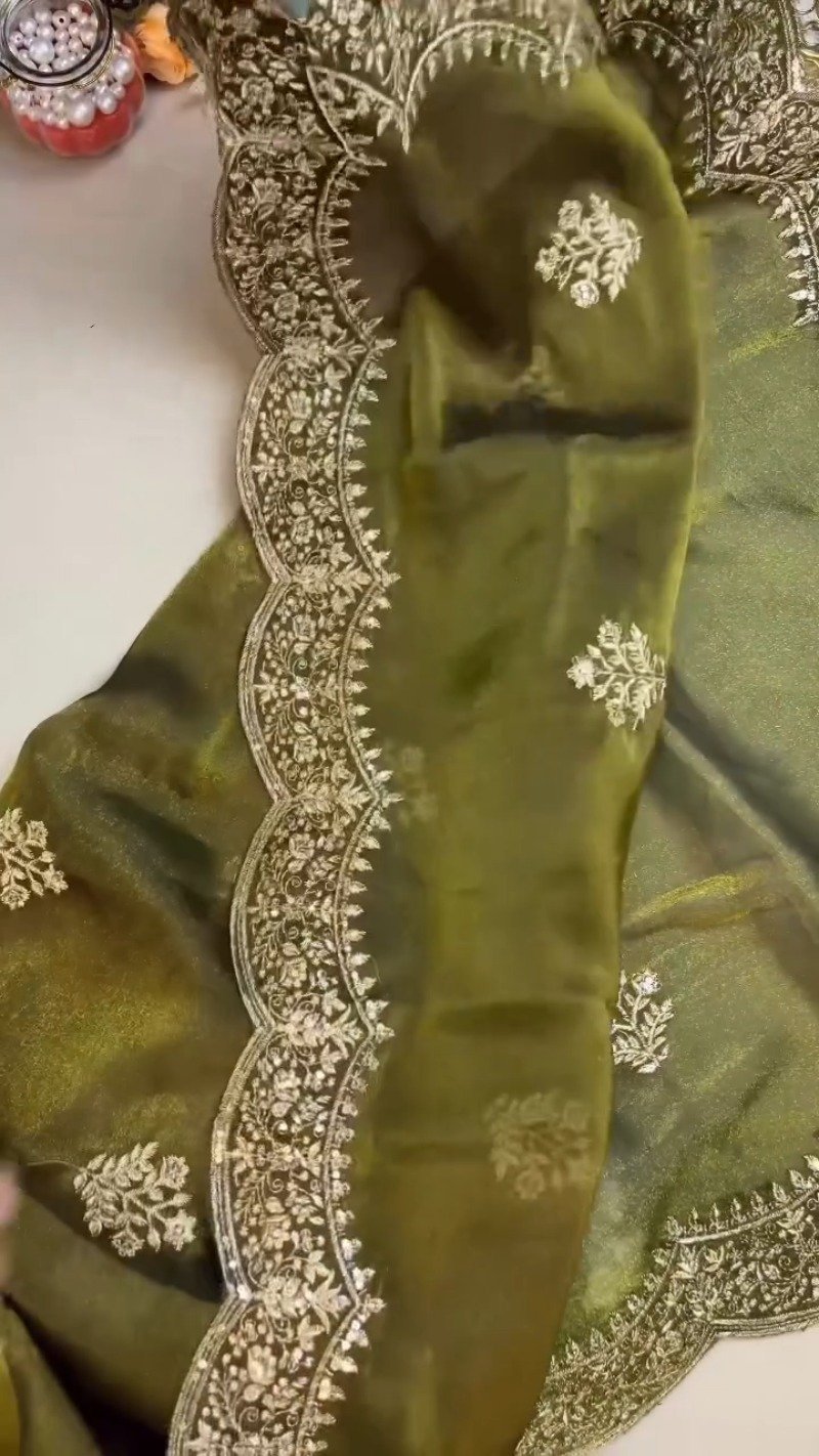 Olive Green Embroidered Organza Saree Set with Embellished Blouse - Image 4