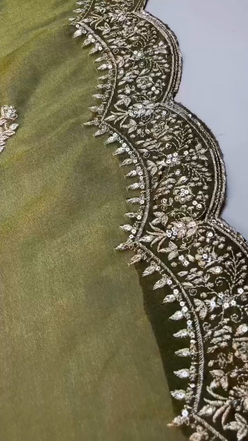 Olive Green Embroidered Organza Saree Set with Embellished Blouse - Image 5