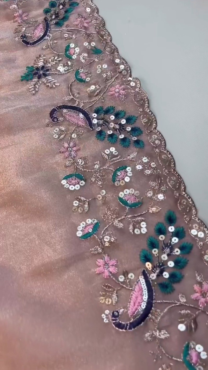 Peach Enchantment Peacock Embroidered Silk Saree & Blouse Set - Image 6
