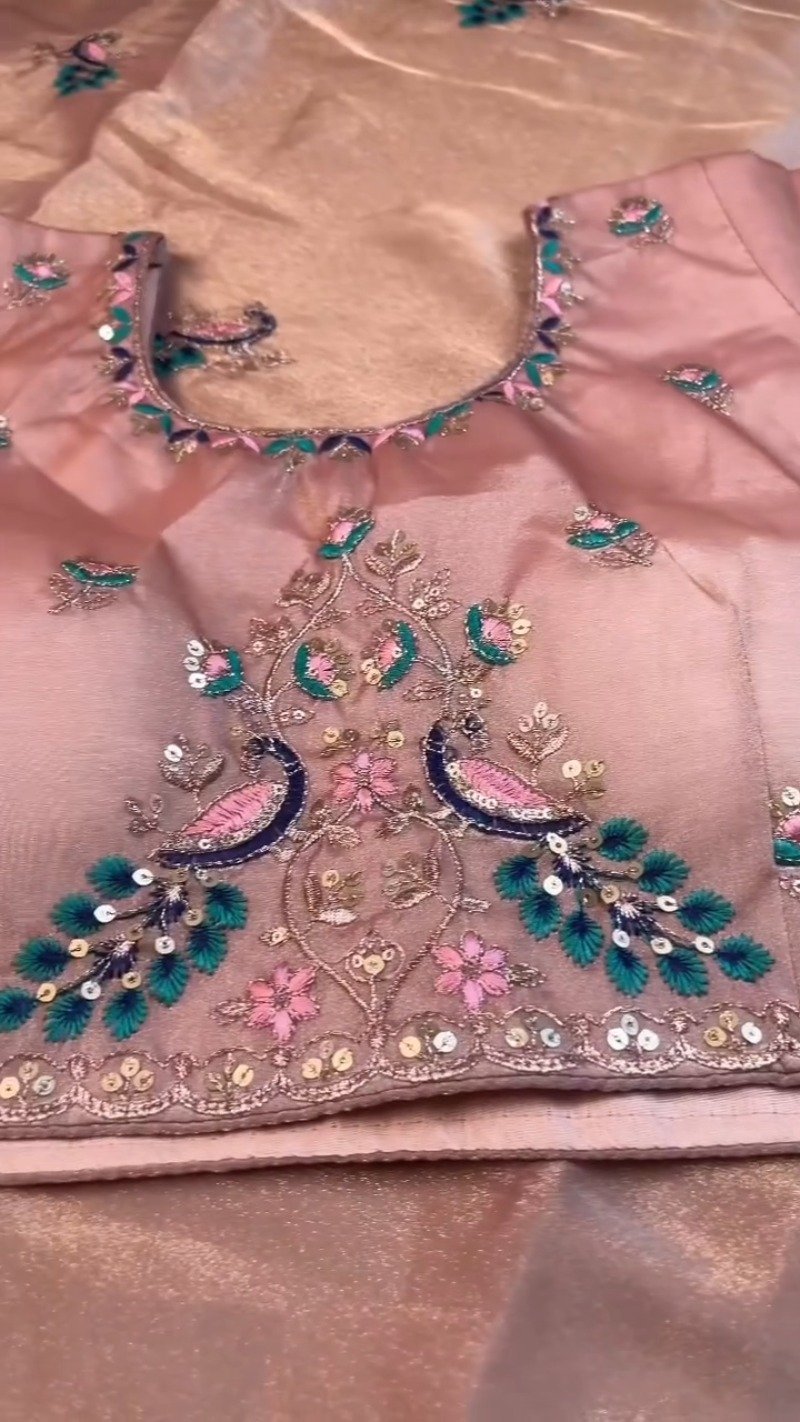 Peach Enchantment Peacock Embroidered Silk Saree & Blouse Set - Image 7